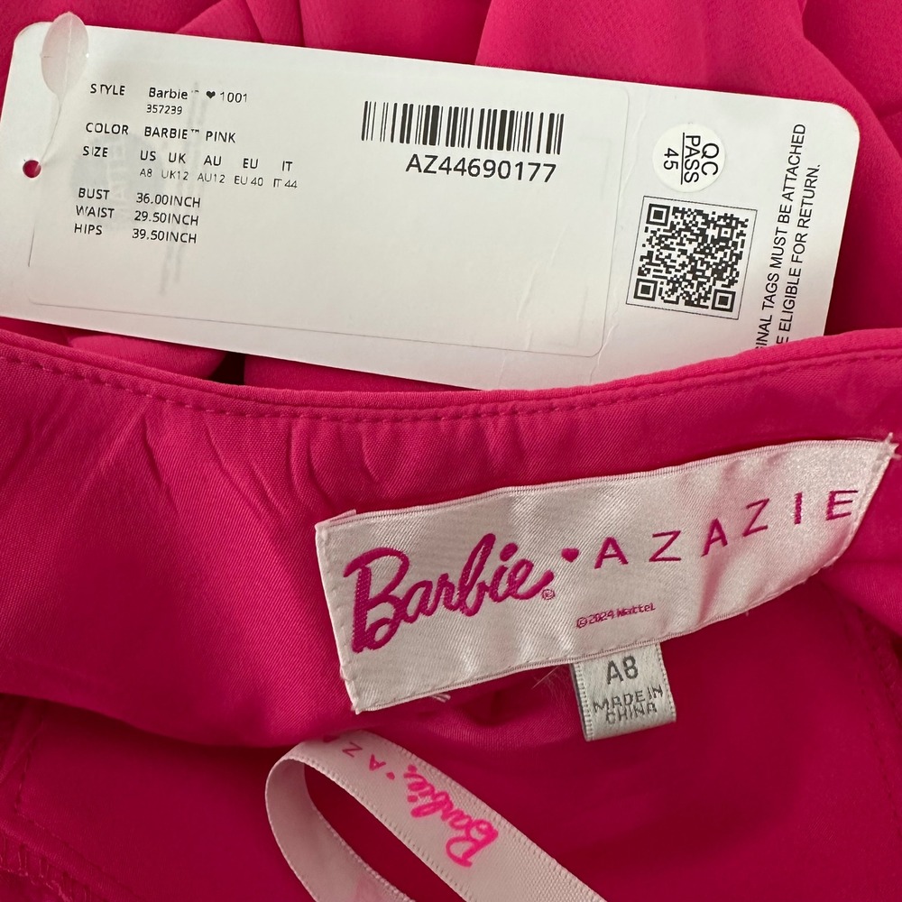 Barbie x Azazie 1001 Ruffle Maxi Dress Barbie Pink Formal Gown Size A8 NEW - Picture 12 of 15